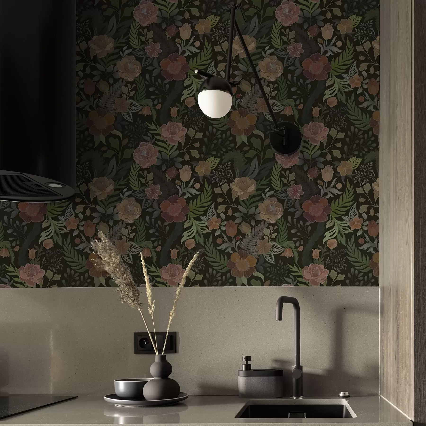 Papier peint photo Fleurs riches et verdure sur un fond sombre et profond a00932