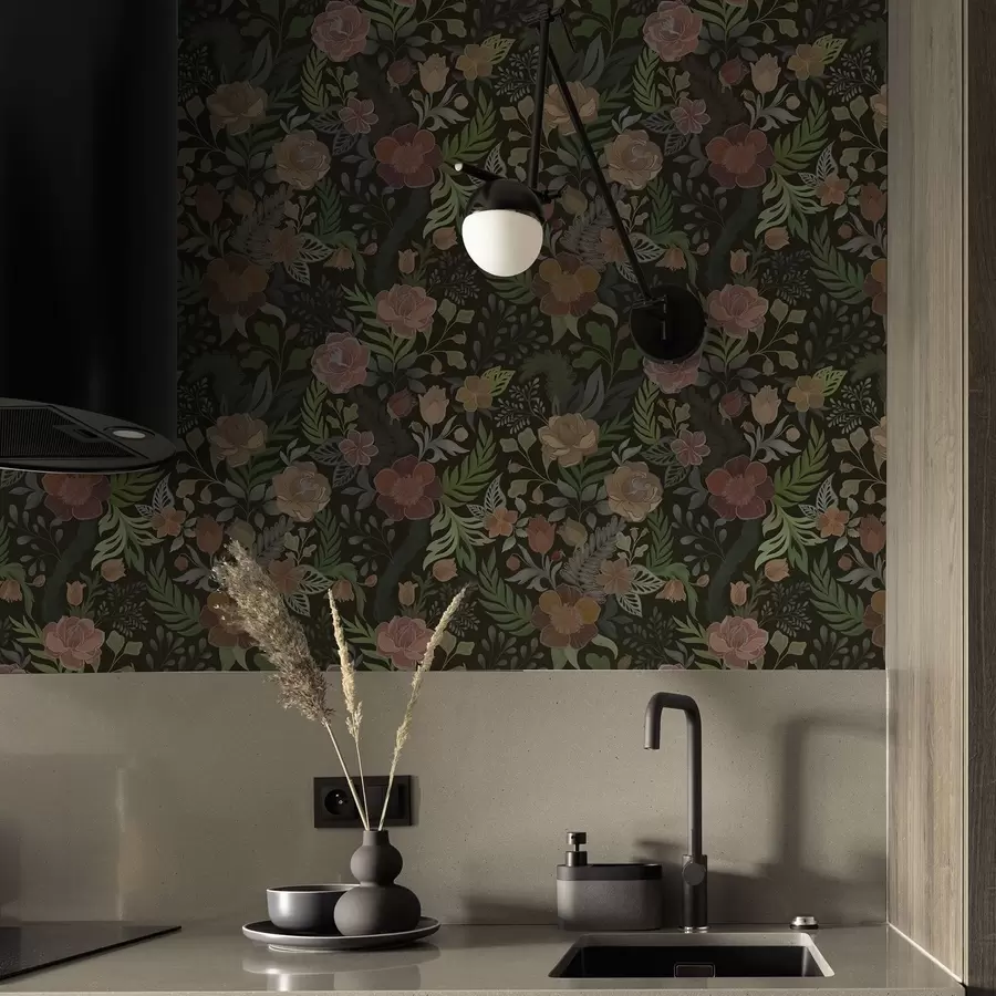 Papier peint photo Fleurs riches et verdure sur un fond sombre et profond a00932