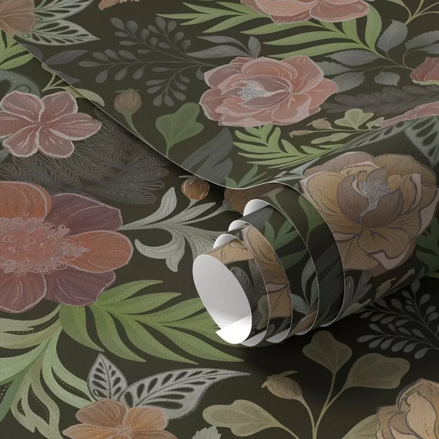 Papier peint photo Fleurs riches et verdure sur un fond sombre et profond a00932