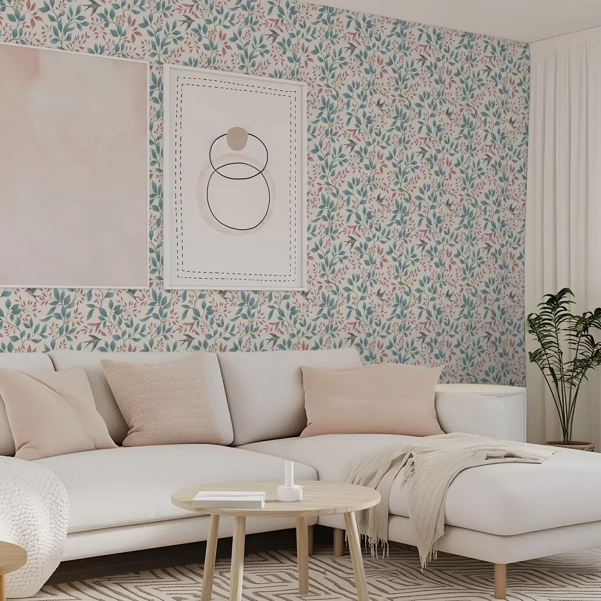 Behang Blauwe en roze takken met vogels op een crèmekleurige achtergrond a00933