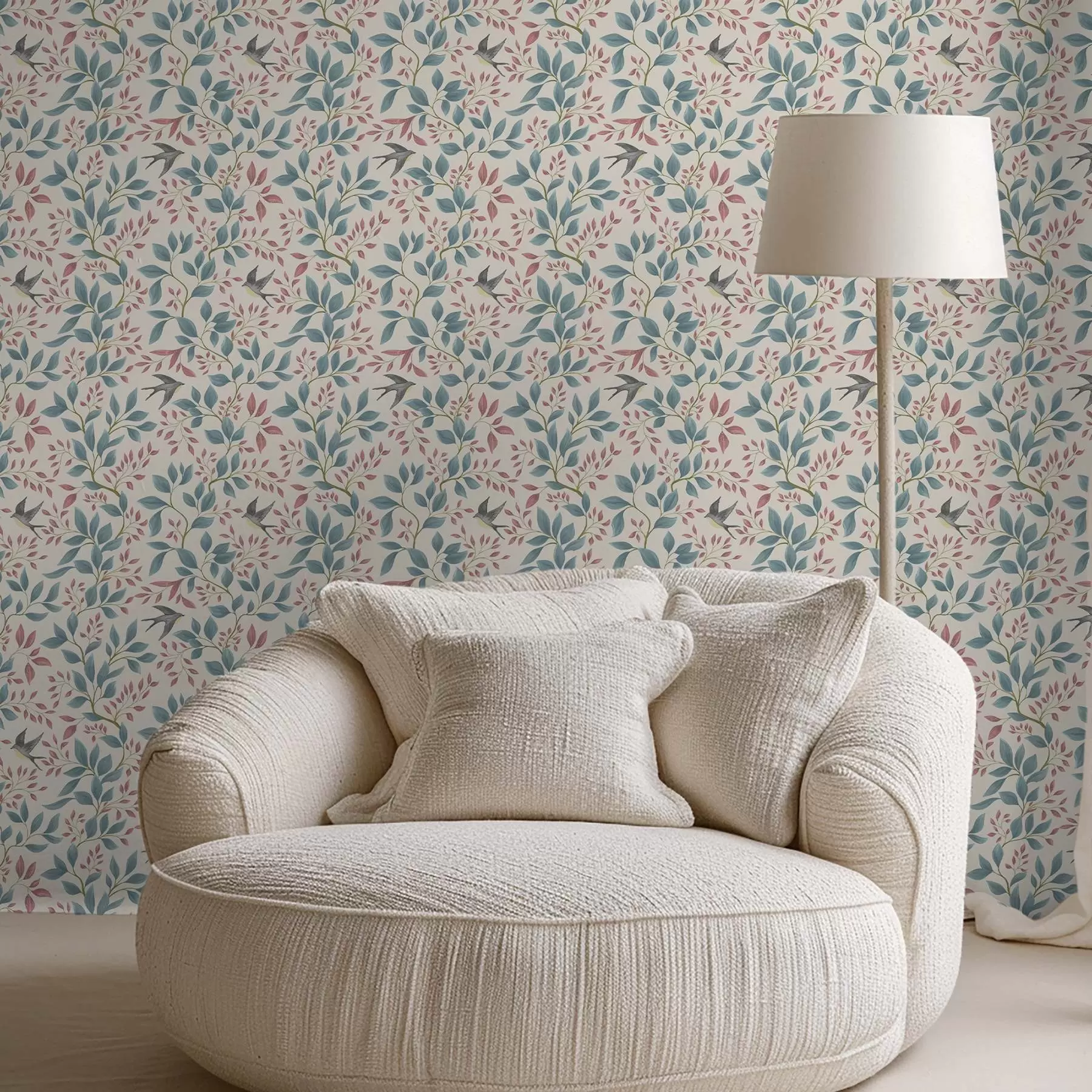 Papier peint photo Branches bleues et roses avec des oiseaux sur fond crème a00933