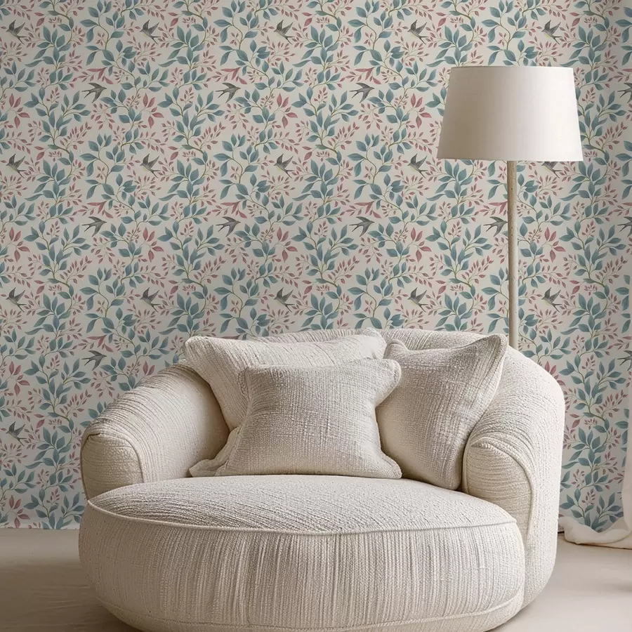 Papier peint photo Branches bleues et roses avec des oiseaux sur fond crème a00933