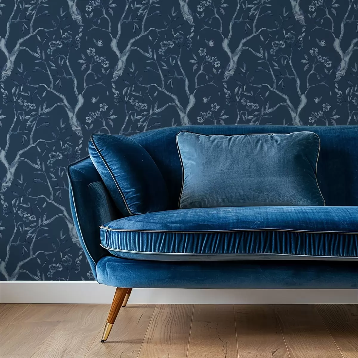 Papier peint Branches fleuries bleues avec des papillons sur fond sombre a00951v1