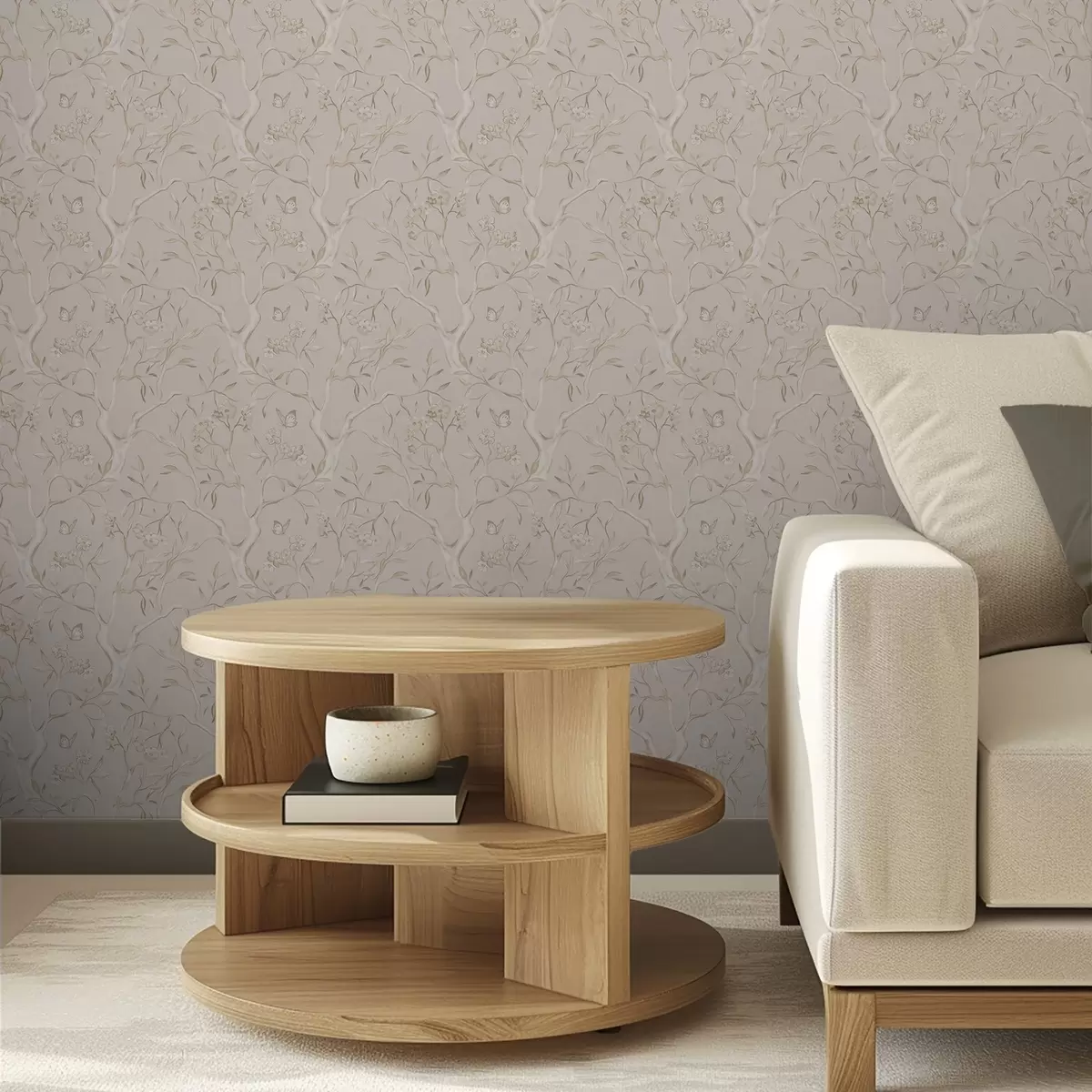 Behang Beige bloeiende takken met vlinders op een zachte achtergrond a00951v2