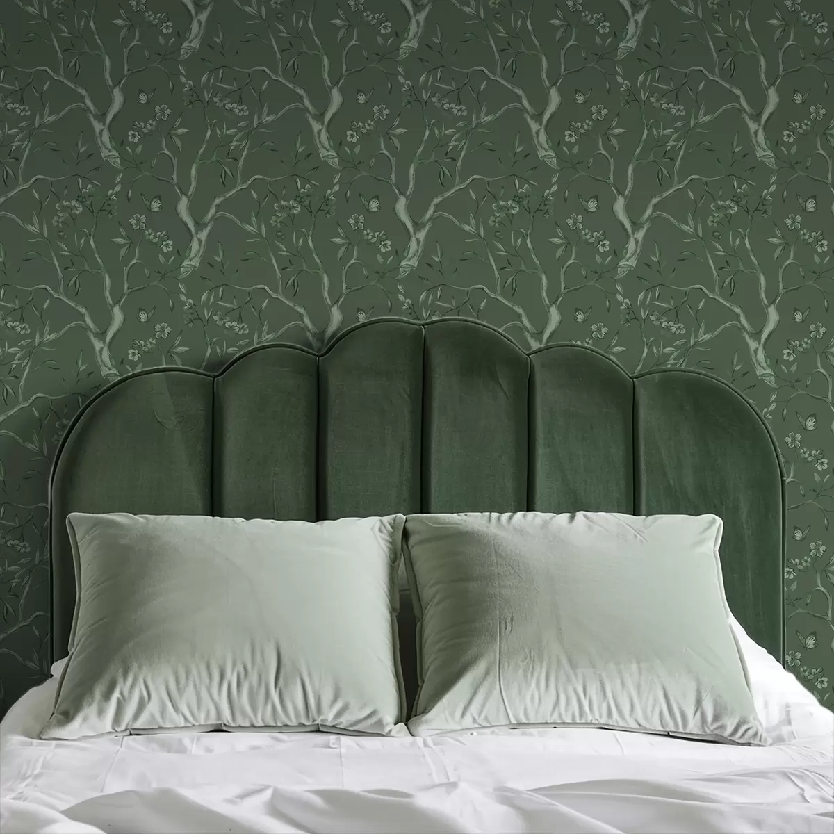 Papier peint Branches fleuries vertes avec des papillons sur un fond sombre a00951v3