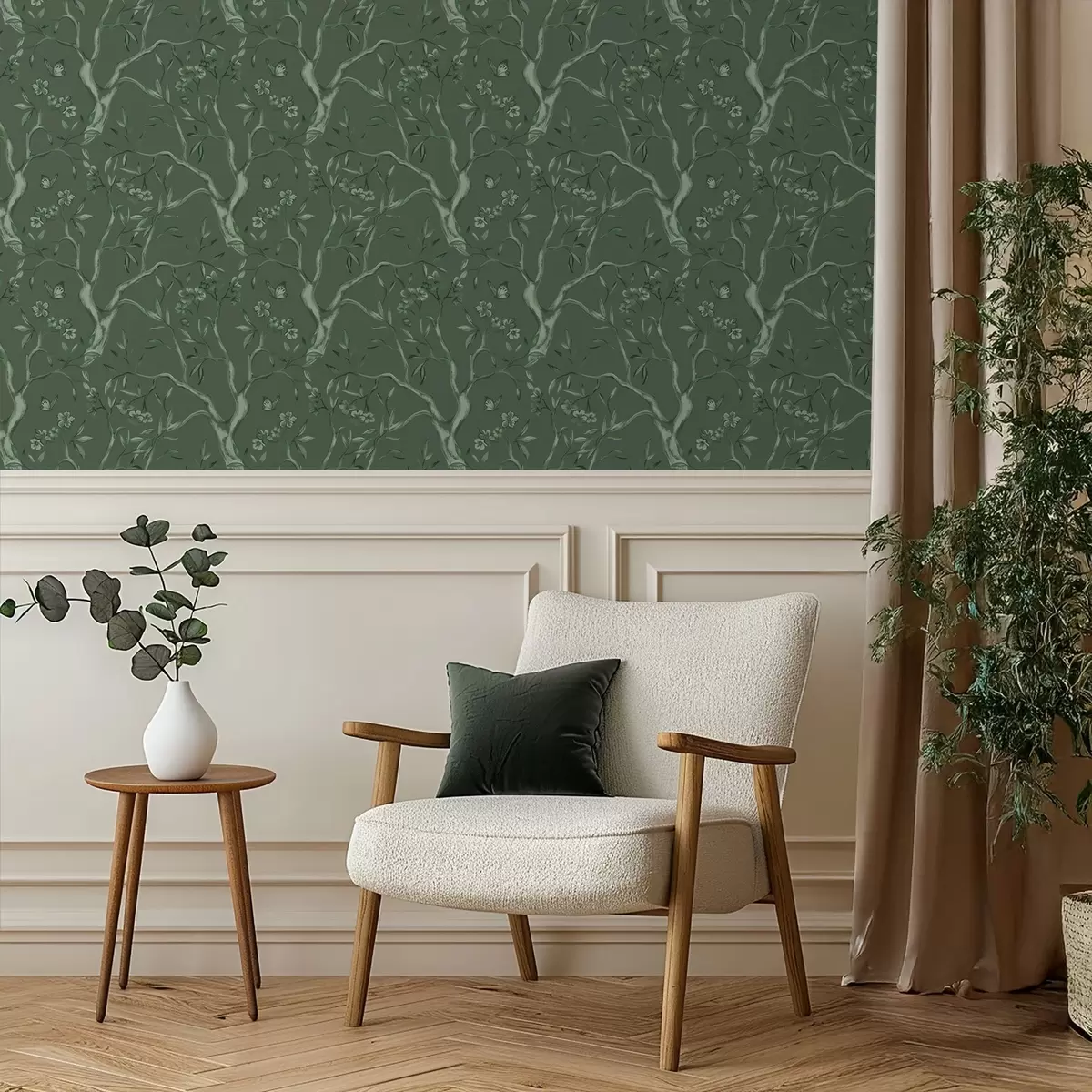 Papier peint Branches fleuries vertes avec des papillons sur un fond sombre a00951v3