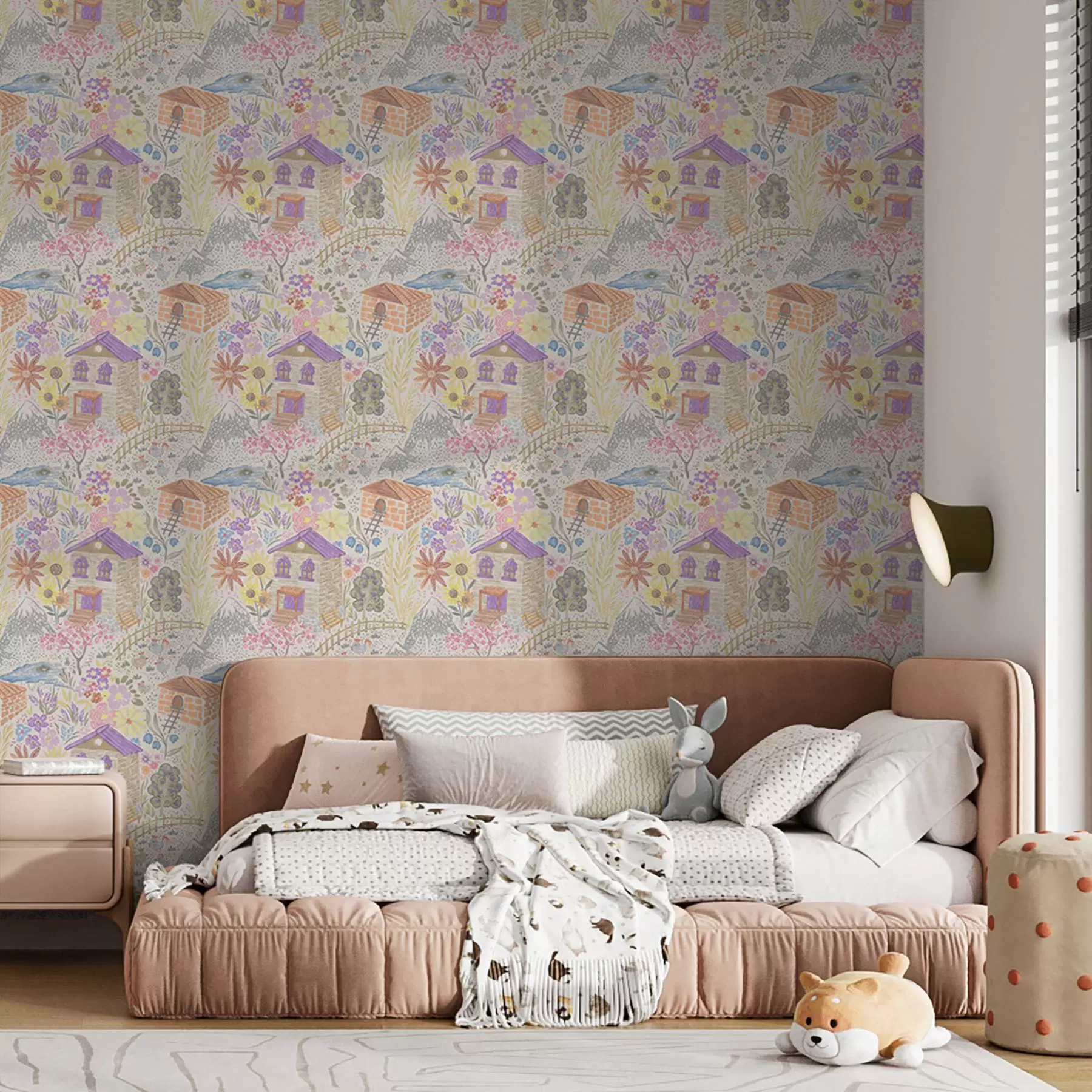 Fotobehang Kinderlijke dorpsafbeelding met een huis, bergen en bloemen a00952