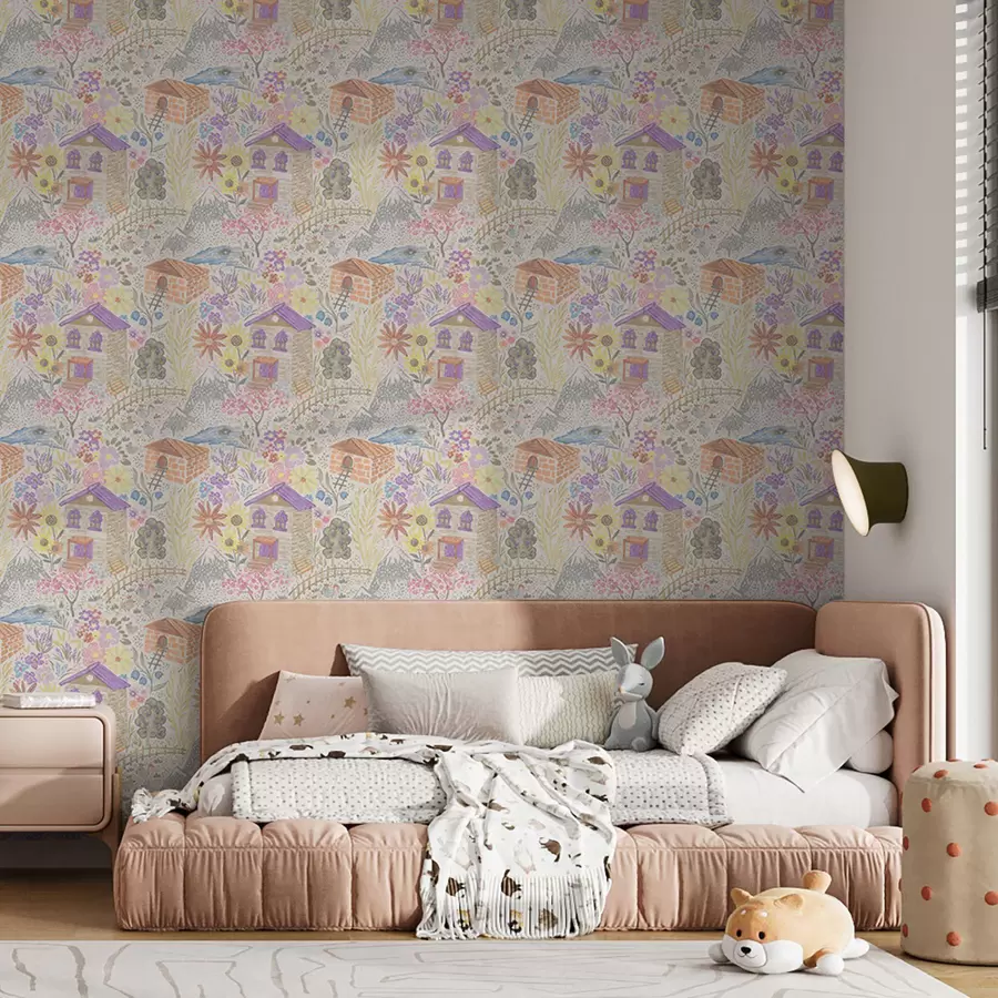 Papier peint photo Dessin enfantin représentant un village avec une maison, des montagnes et des fleurs a00952