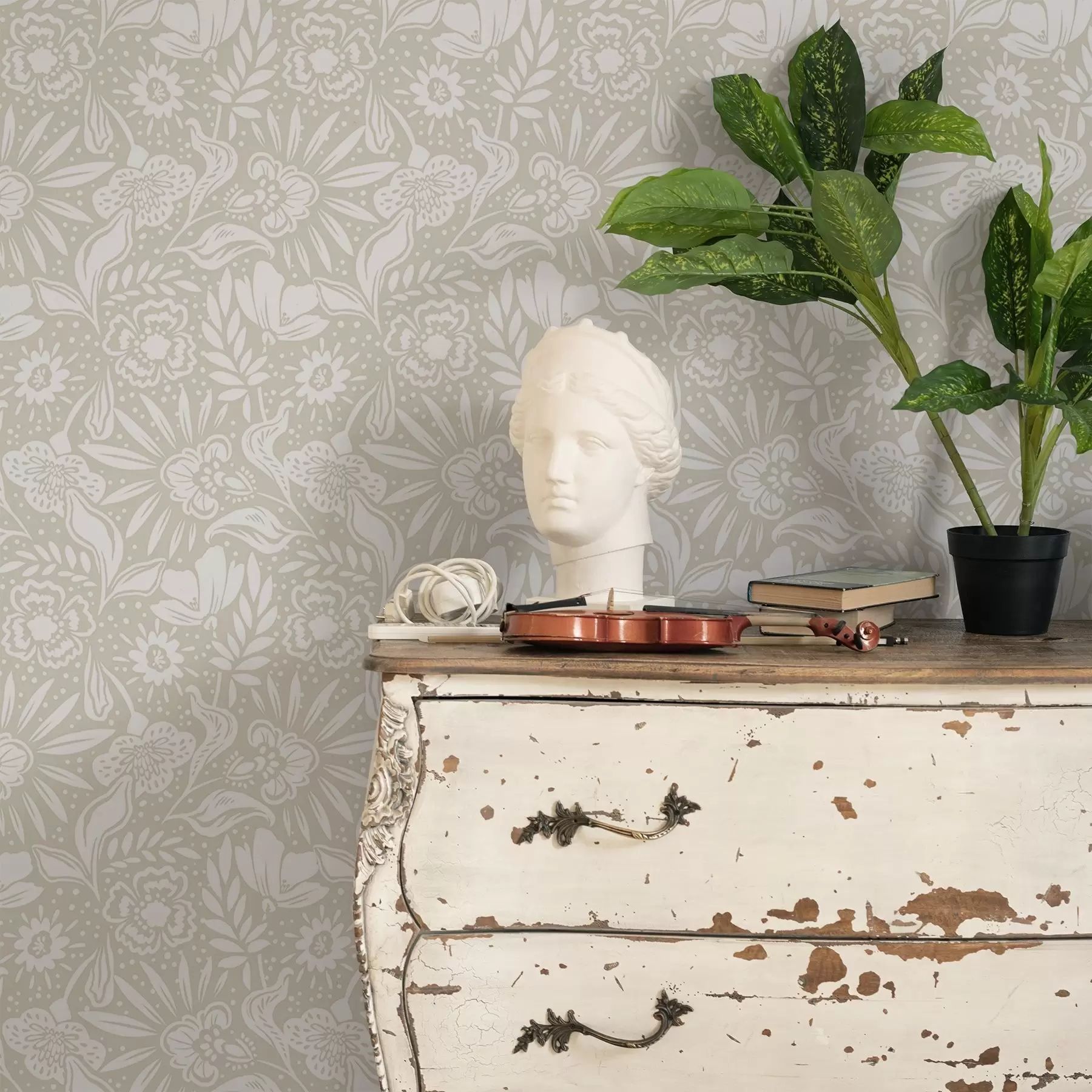 Papier peint photo Ornement floral linéaire blanc sur fond beige a00956