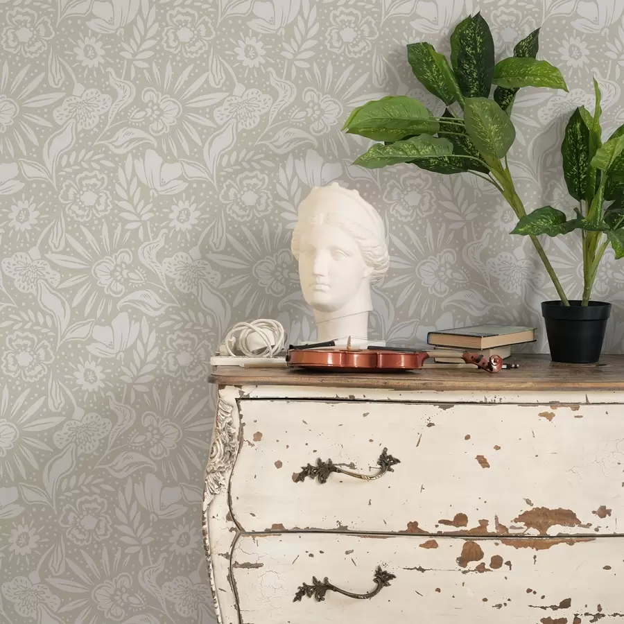 Papier peint photo Ornement floral linéaire blanc sur fond beige a00956