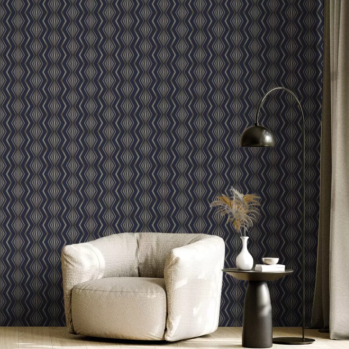 Behang Donkerblauw geometrisch patroon met ruitjes a00973