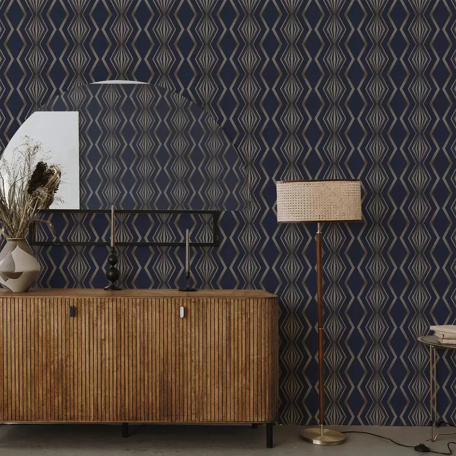 Papier peint photo Fond bleu foncé avec des losanges géométriques et des zigzags a00974v2
