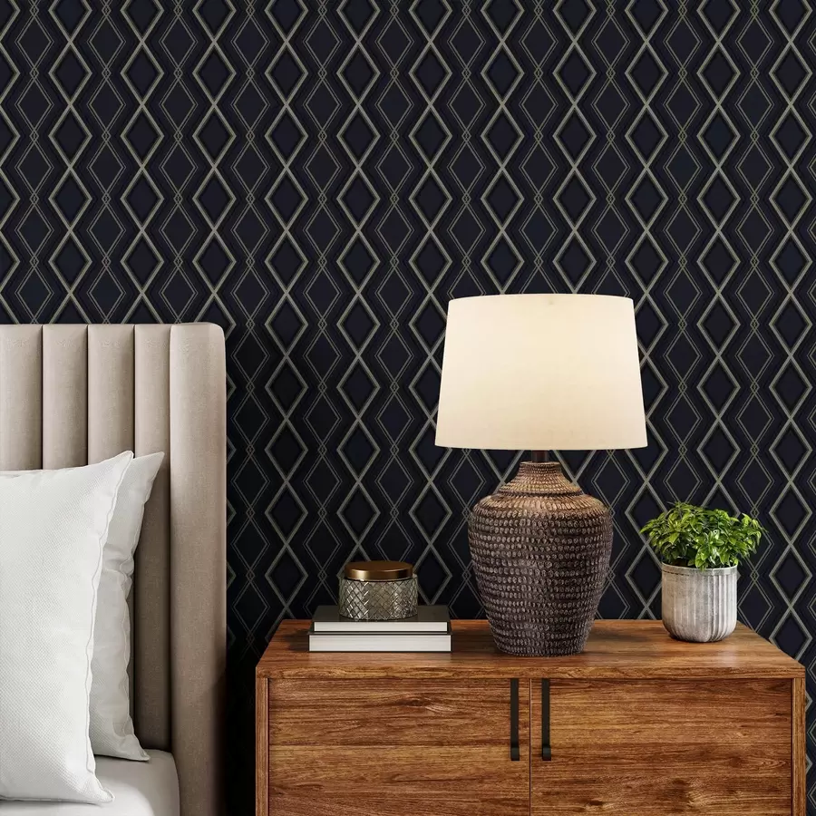 Papier peint photo Grille en losanges bleu foncé avec de fines lignes claires a00975