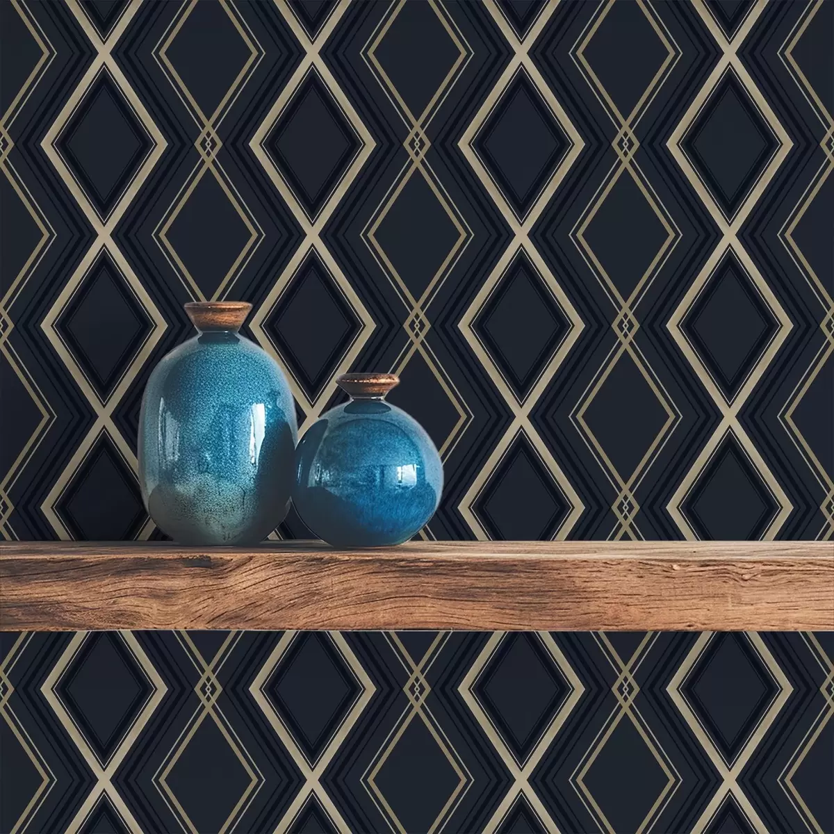 Behang Donkerblauw ruitpatroon met dunne lichte lijnen a00975