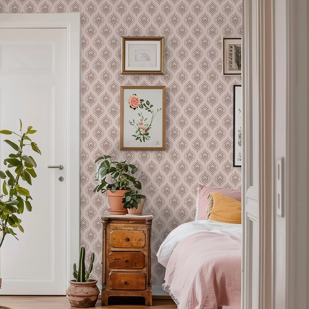 Behang Ritmisch druppelmotief met een bloem op een poederachtige achtergrond a00977