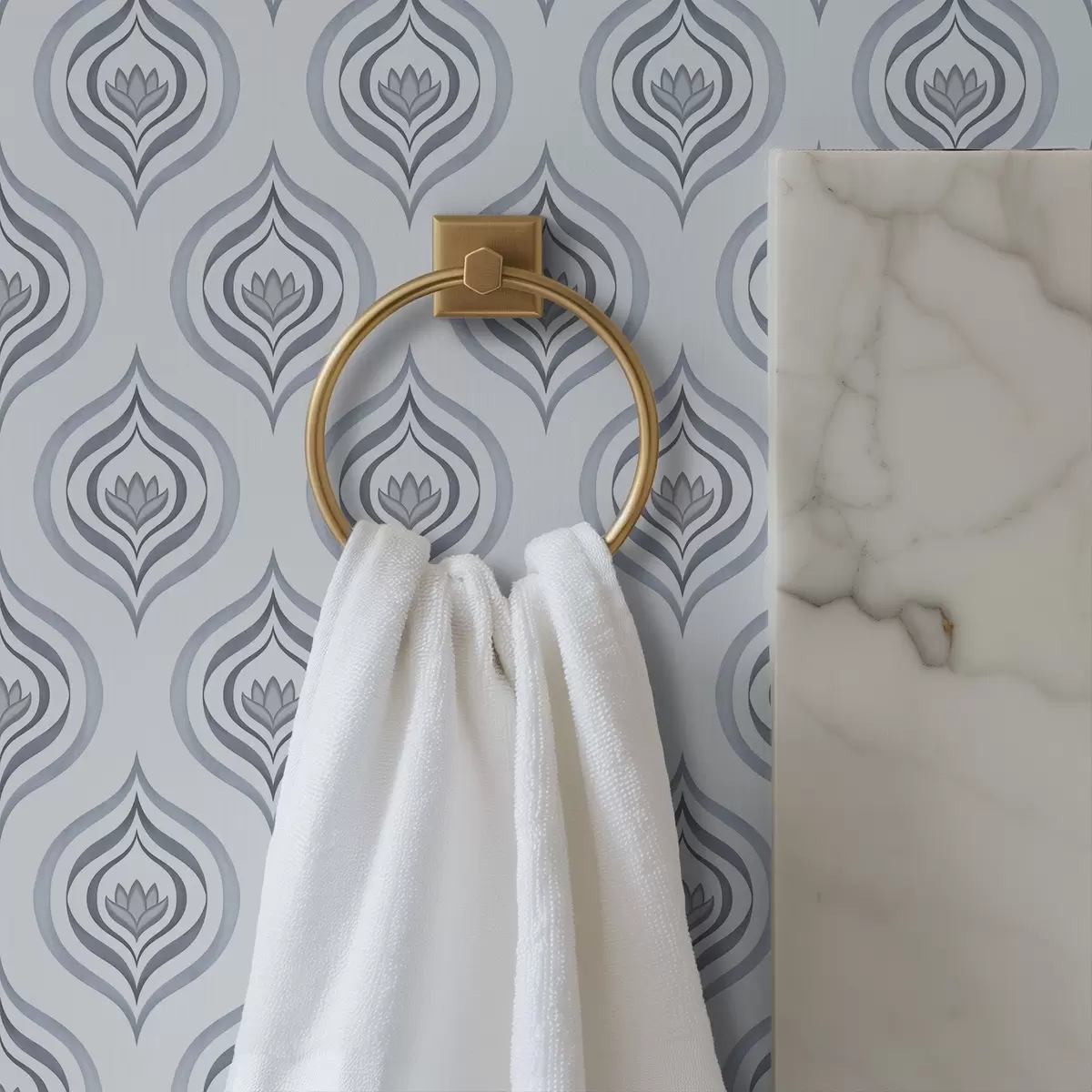 Papier peint Motif goutte tendance avec une fleur dans les tons gris-bleu a00977v3