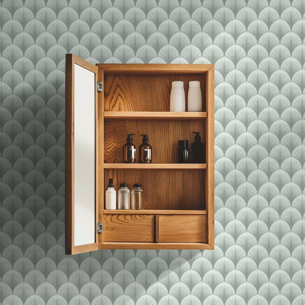 Behang Muntventilatorbogen met stralen op een zachte groenachtige achtergrond a00978v2