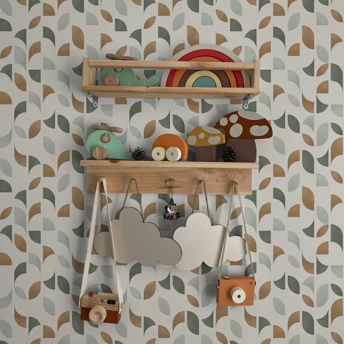 Papier peint Demi-cercles abstraits et feuilles en vert et terre cuite a00985