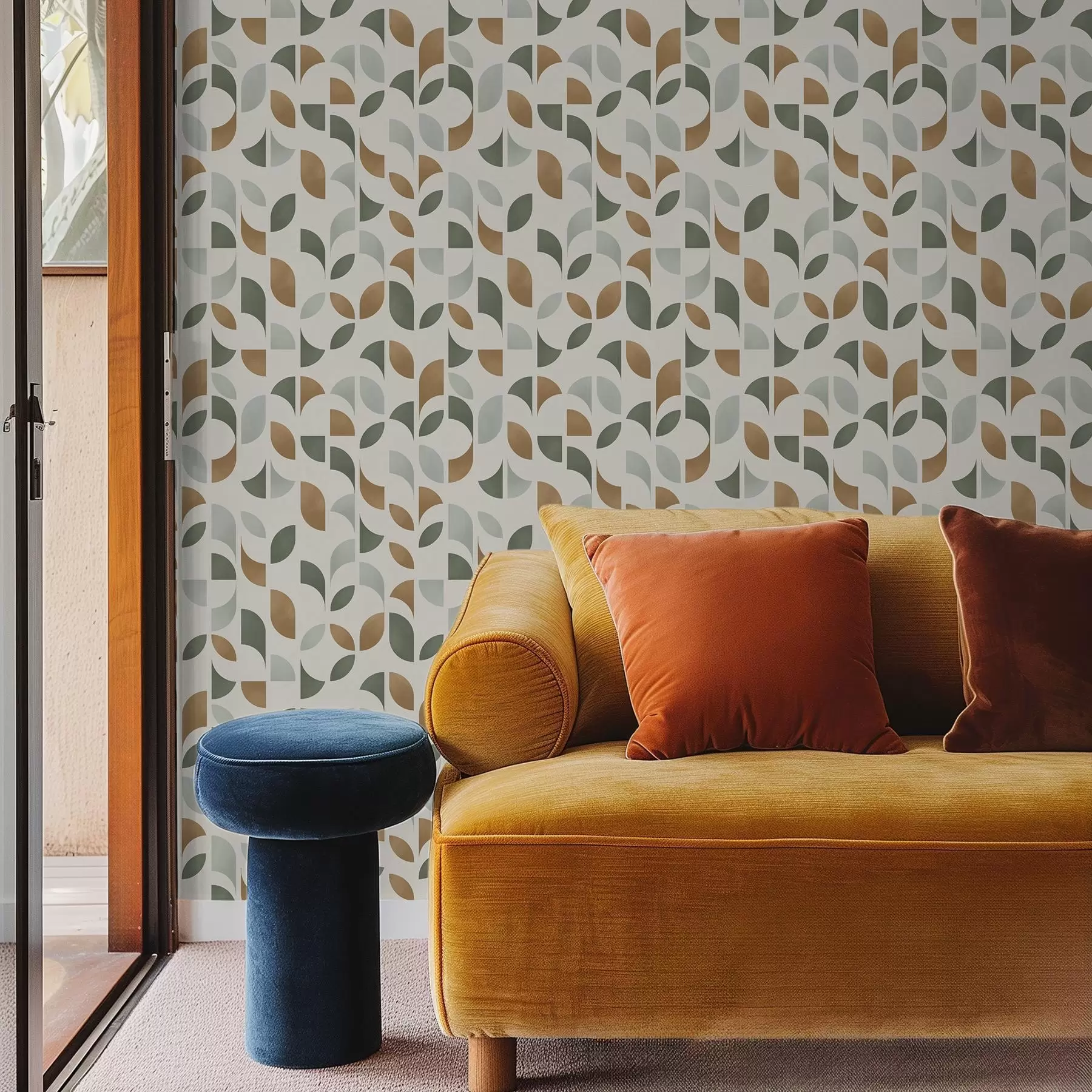 Papier peint photo Colonnes verticales composées de demi-cercles et de feuilles, vert-terre cuite a00986