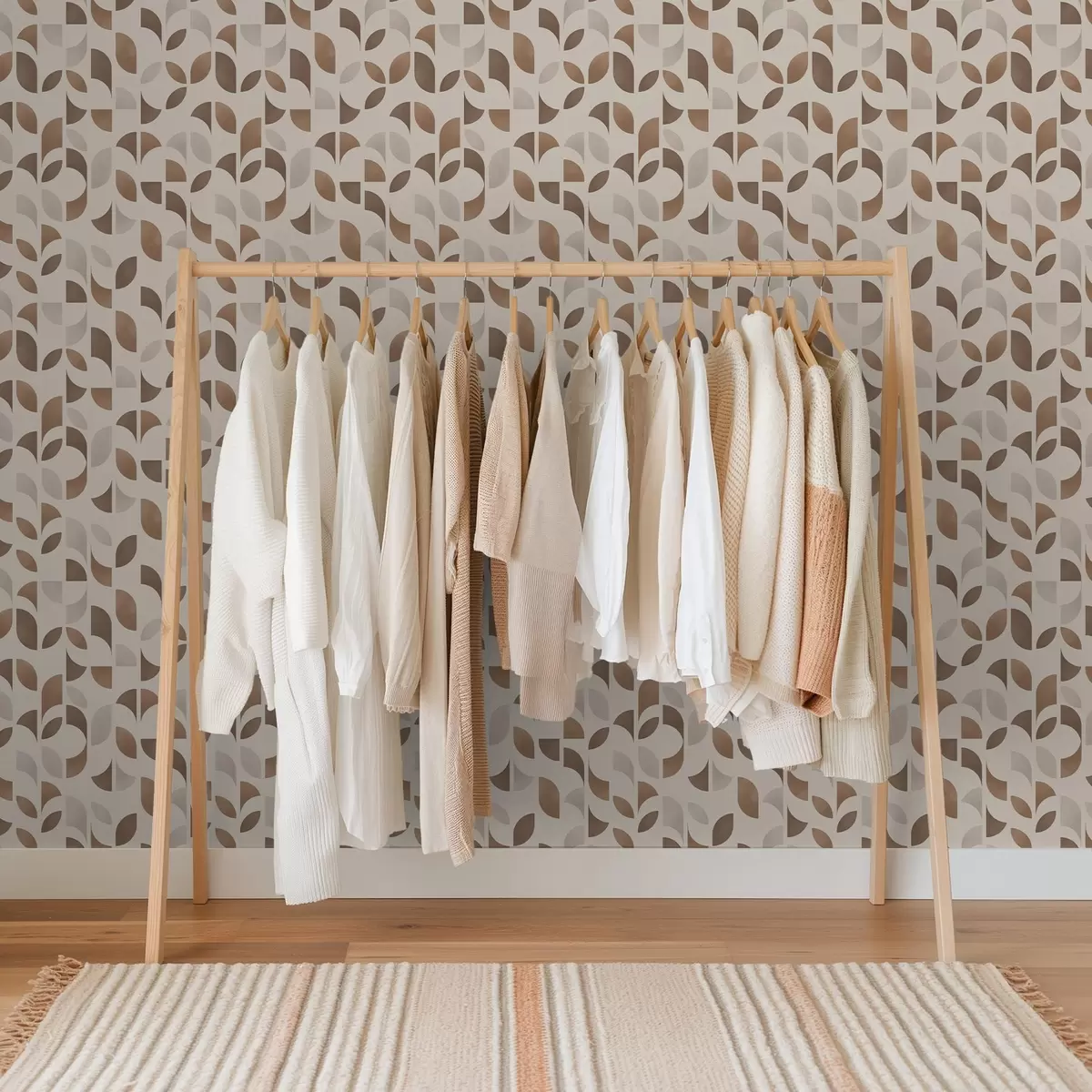 Behang Ritme van halve cirkels en bladeren in warme karamelbruine tinten a00986v1