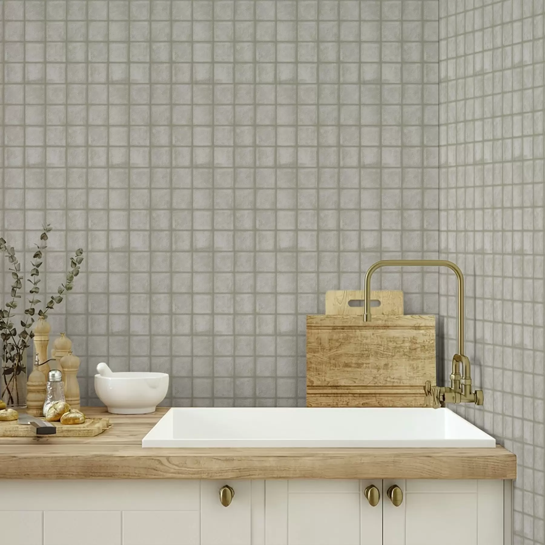 Fotobehang Imitatie van vierkante tegels in een zacht grijsgroen kleurenpalet a00988