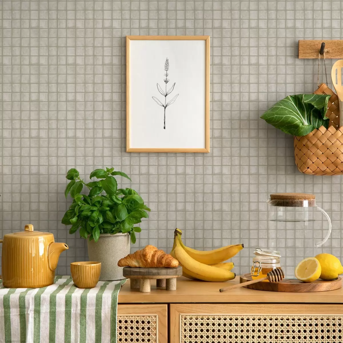 Behang Imitatie van vierkante tegels in een zacht grijsgroen kleurenpalet a00988