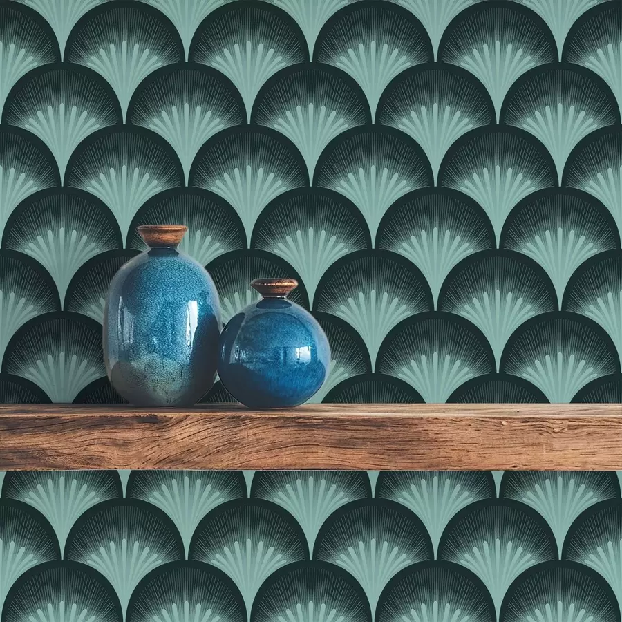 Papier peint photo Des éventails contrastés couleur menthe sur un fond presque noir a00990