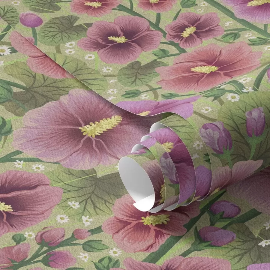 Papier peint photo Grandes fleurs et feuilles d'hibiscus sur fond vert foncé a00993