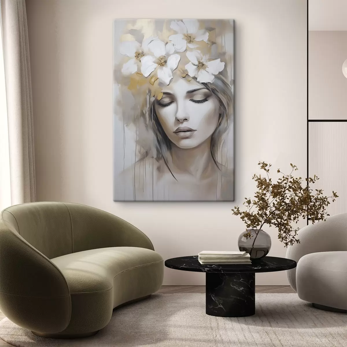  Peintures Portrait abstrait d'une jeune fille avec des fleurs, imitation d'une peinture s46756