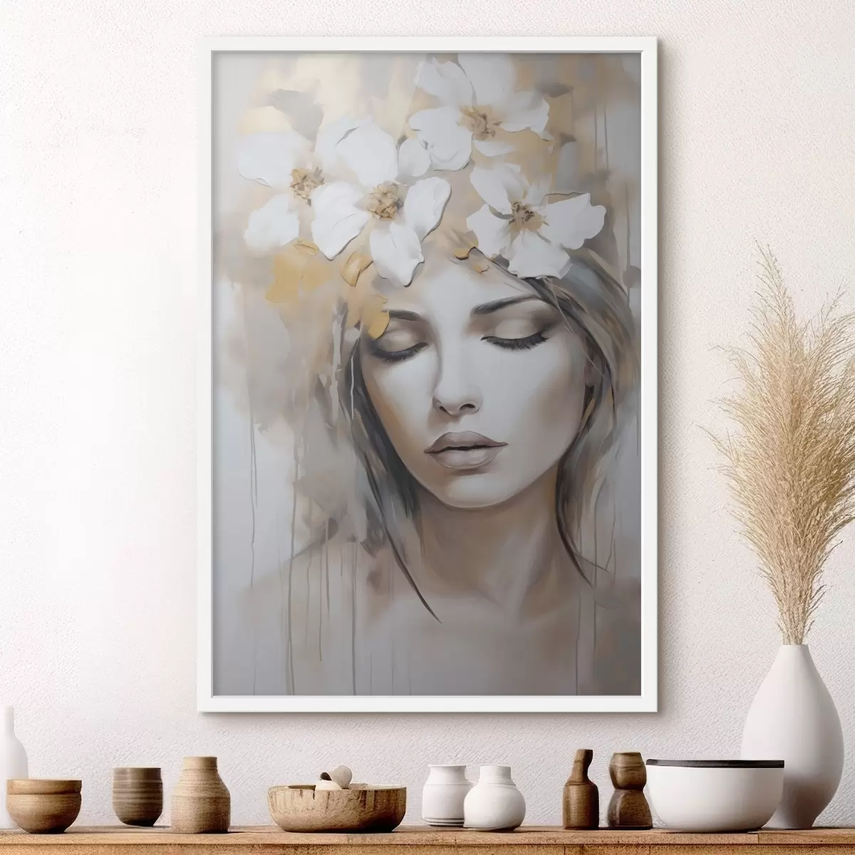 Poster Abstract portret van een meisje met bloemen, imitatie van een schilderij f46756