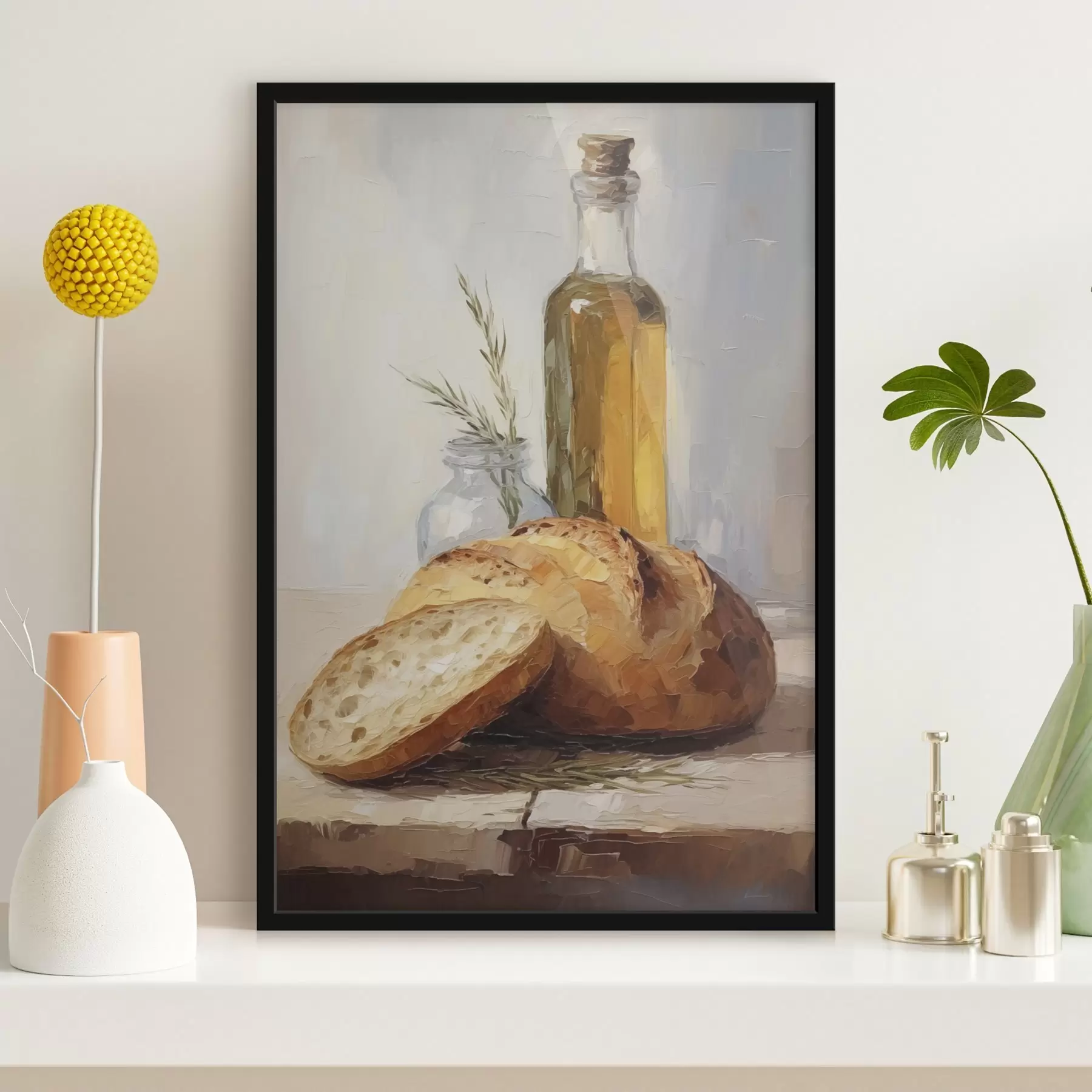 Fotobehang Brood en een fles olie, imitatie schilderij f46759