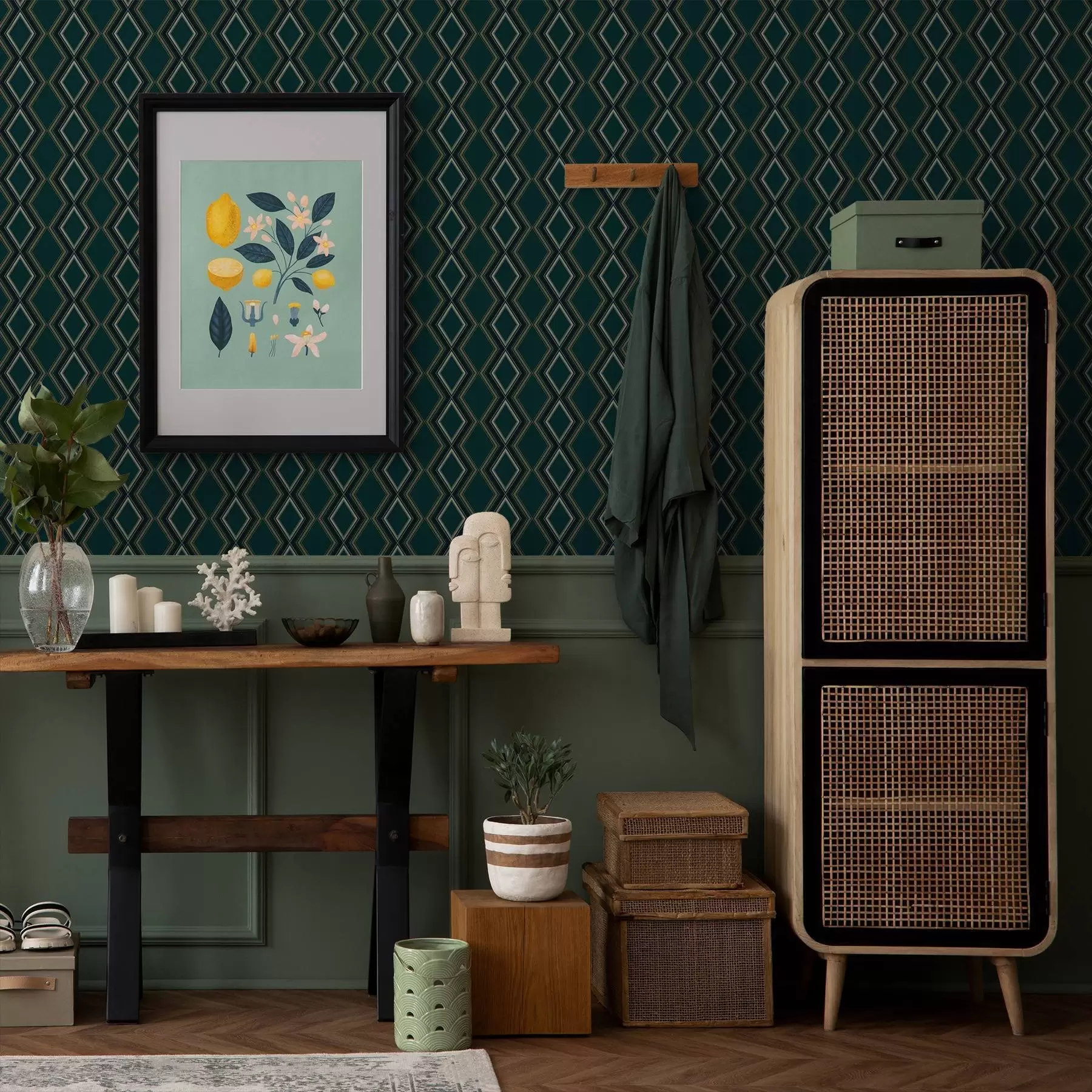 Papier peint photo Fond vert sarcelle foncé avec des rangées verticales de losanges a00976