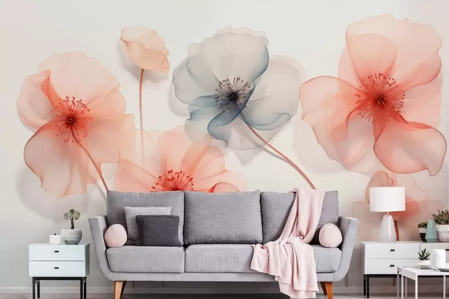Fotobehang Doorschijnende bloemen in rode en blauwe tinten w09515