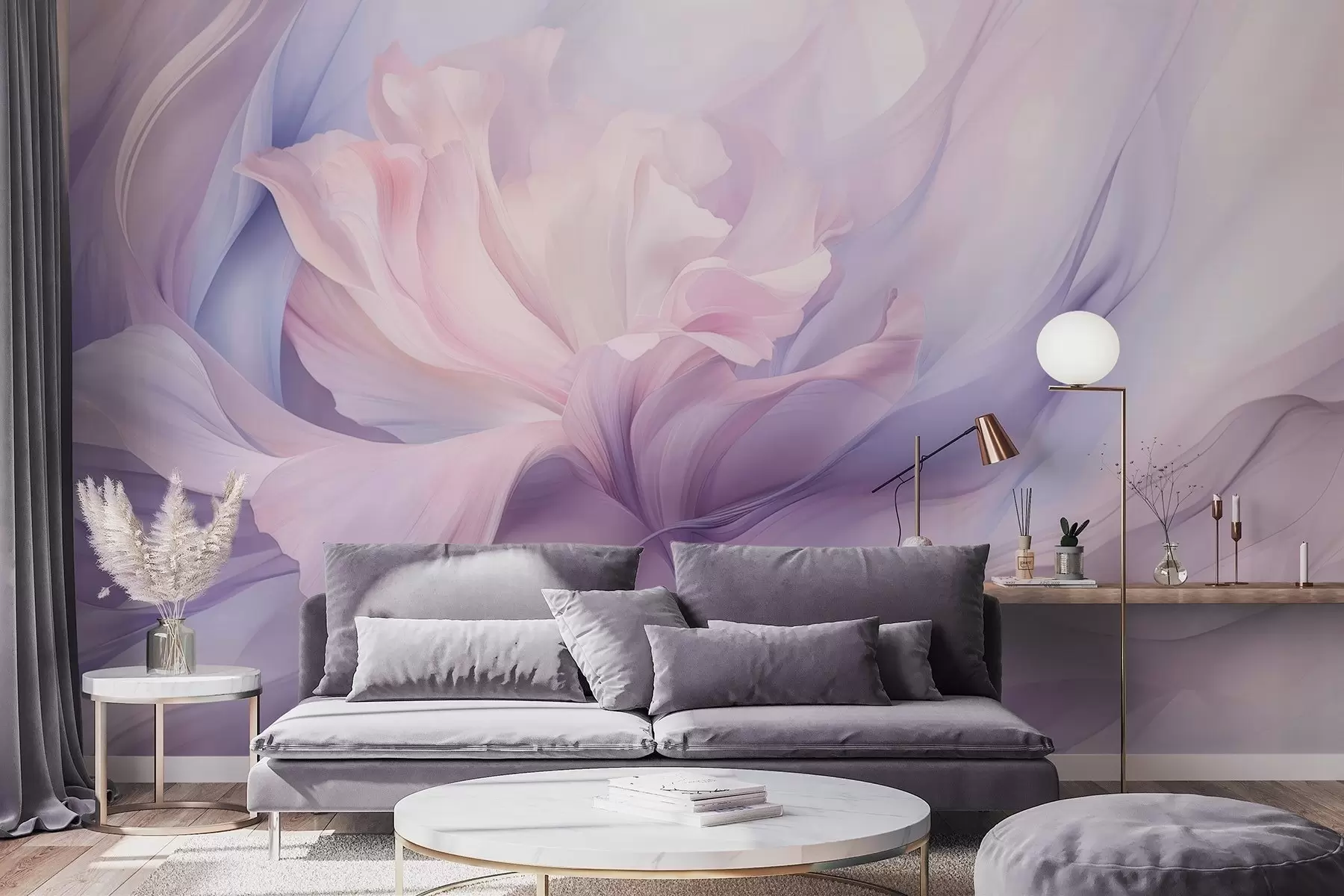 Papier peint photo Brume délicate de pétales : une fleur aérienne dans une brume pastel lilas w09517