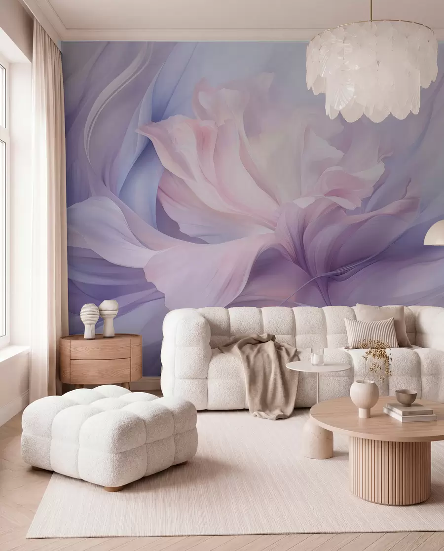Fotobehang Zachte bloemblaadjesnevel: een luchtige bloem in een pastel-lila mist w09517