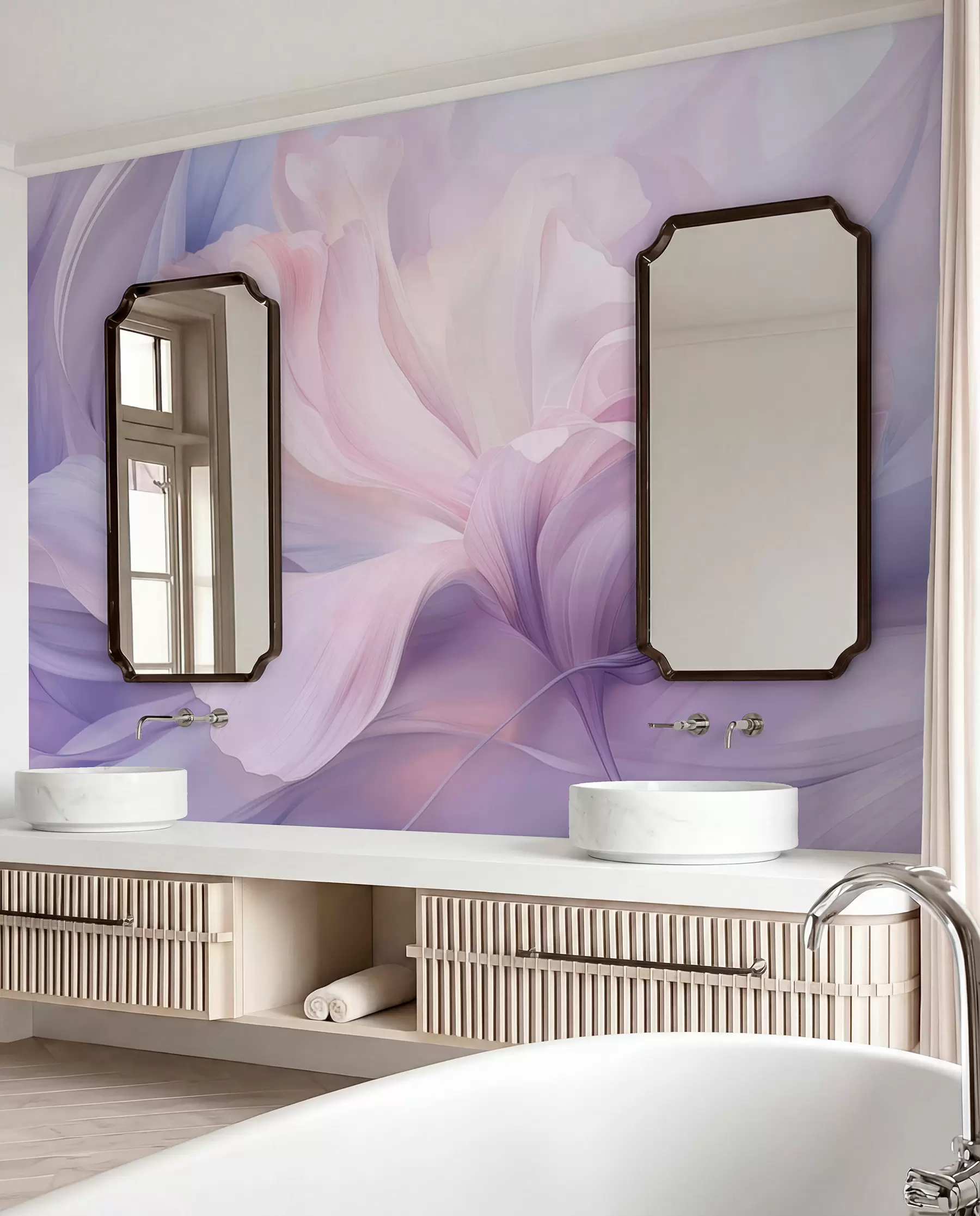 Fotobehang Zachte bloemblaadjesnevel: een luchtige bloem in een pastel-lila mist w09517
