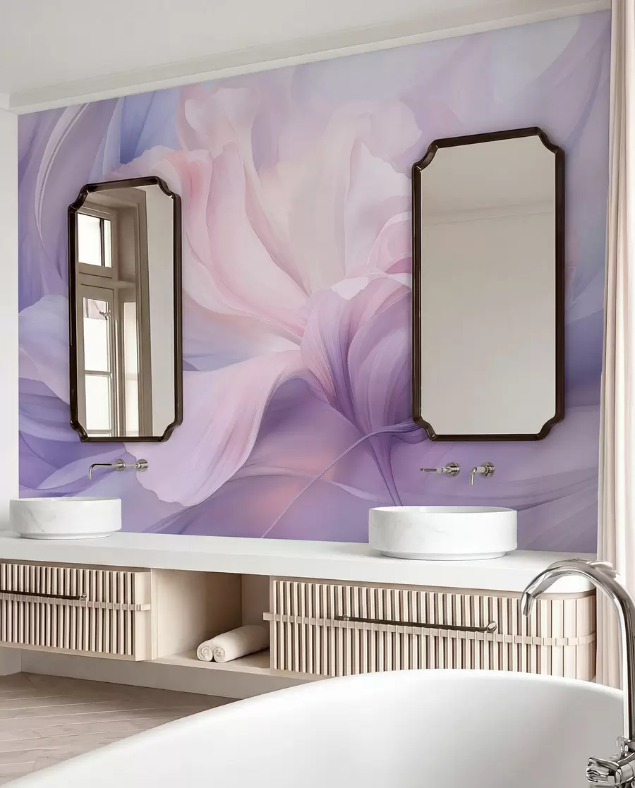 Fotobehang Zachte bloemblaadjesnevel: een luchtige bloem in een pastel-lila mist w09517