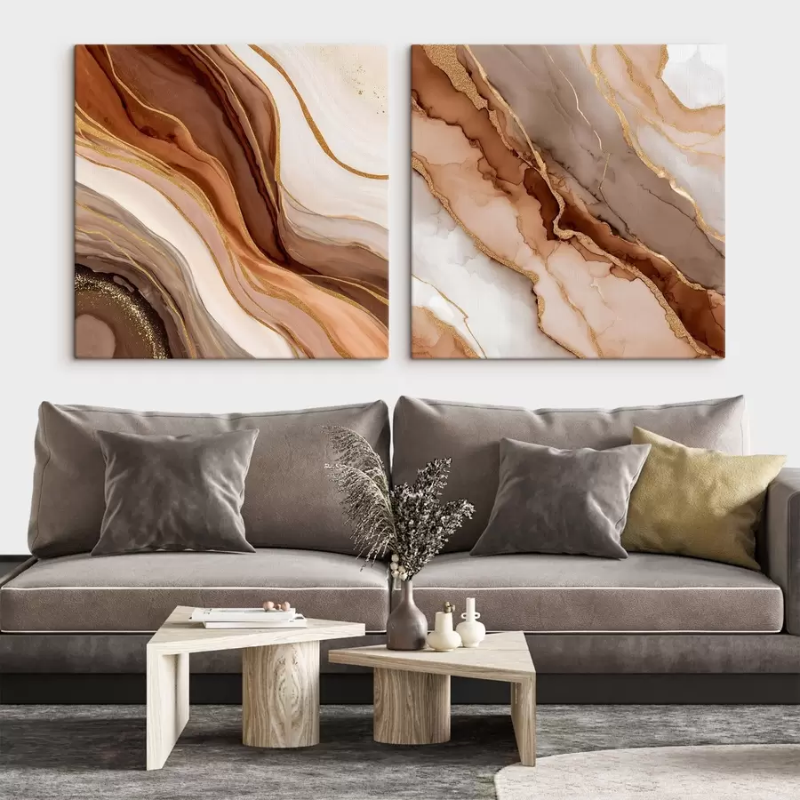  Schilderijen Tweedelige abstracte compositie met vloeiende gelaagde overgangen m00982