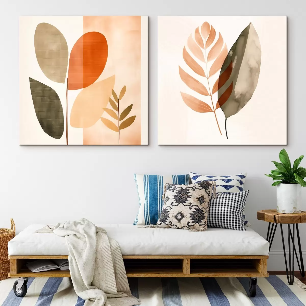  Peintures Diptyque avec motifs botaniques dans une palette pastel m00983