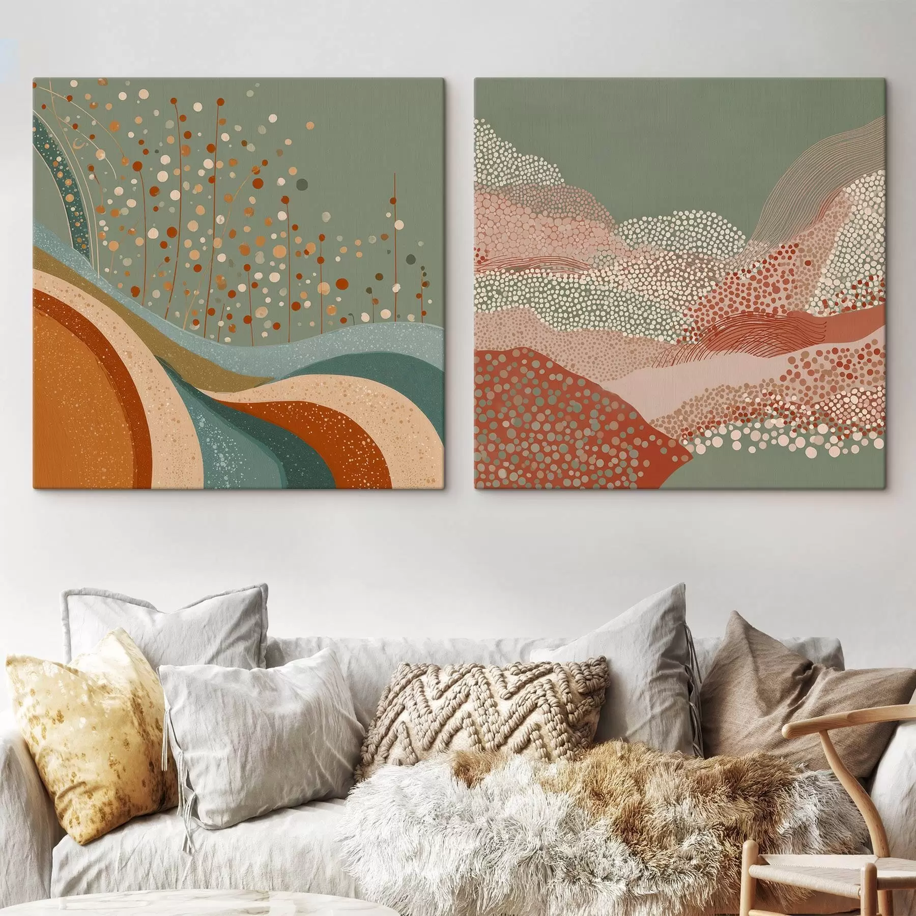  Peintures Paysage abstrait en deux parties avec des éléments en pointillés et ondulés m00987