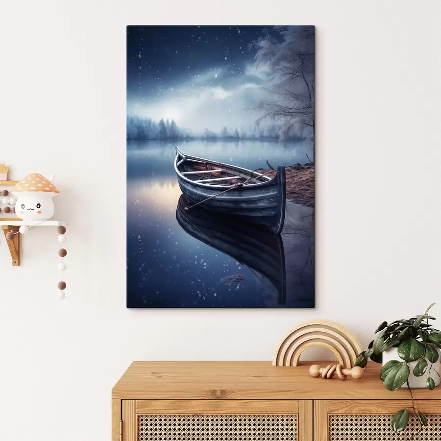  Peintures Bateau vide au bord d'un lac en hiver s46773