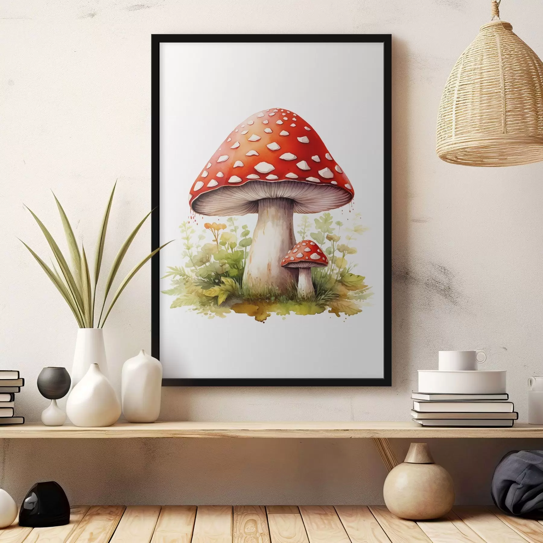 Fotobehang Bospaddestoelen, vliegenzwam, imitatie-aquarel f46767