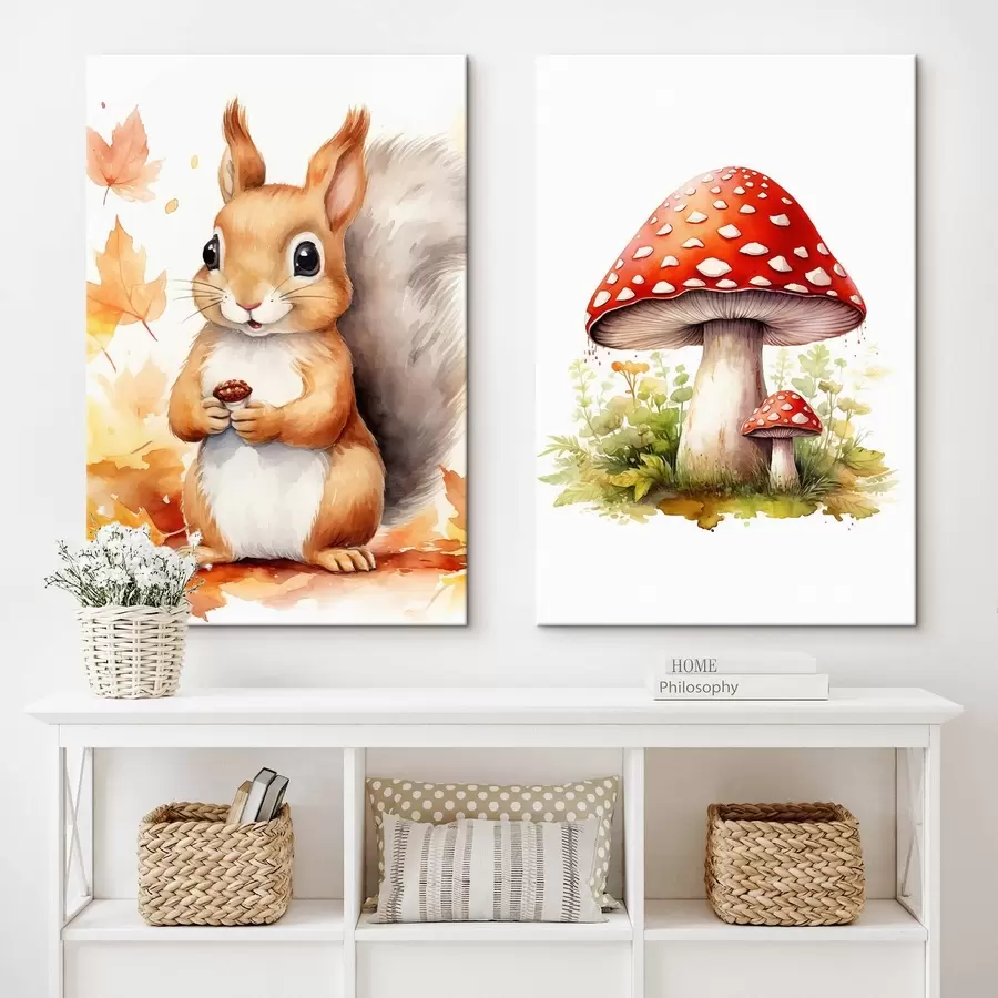  Peintures Écureuil et champignon des bois, amanite tue-mouche, imitation aquarelle m01049