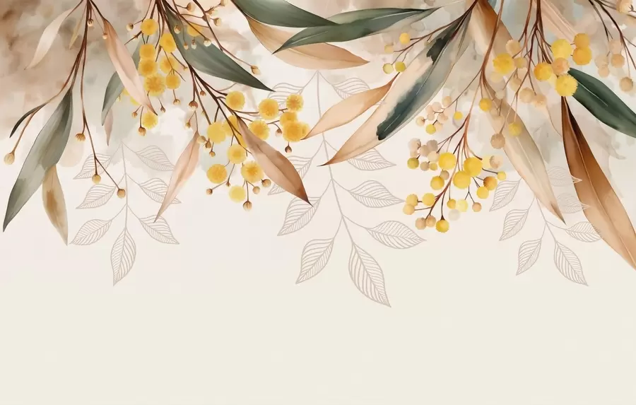 Papier peint photo fleurs et feuilles de mimosa tombant du ciel dans un style aquarelle w04880