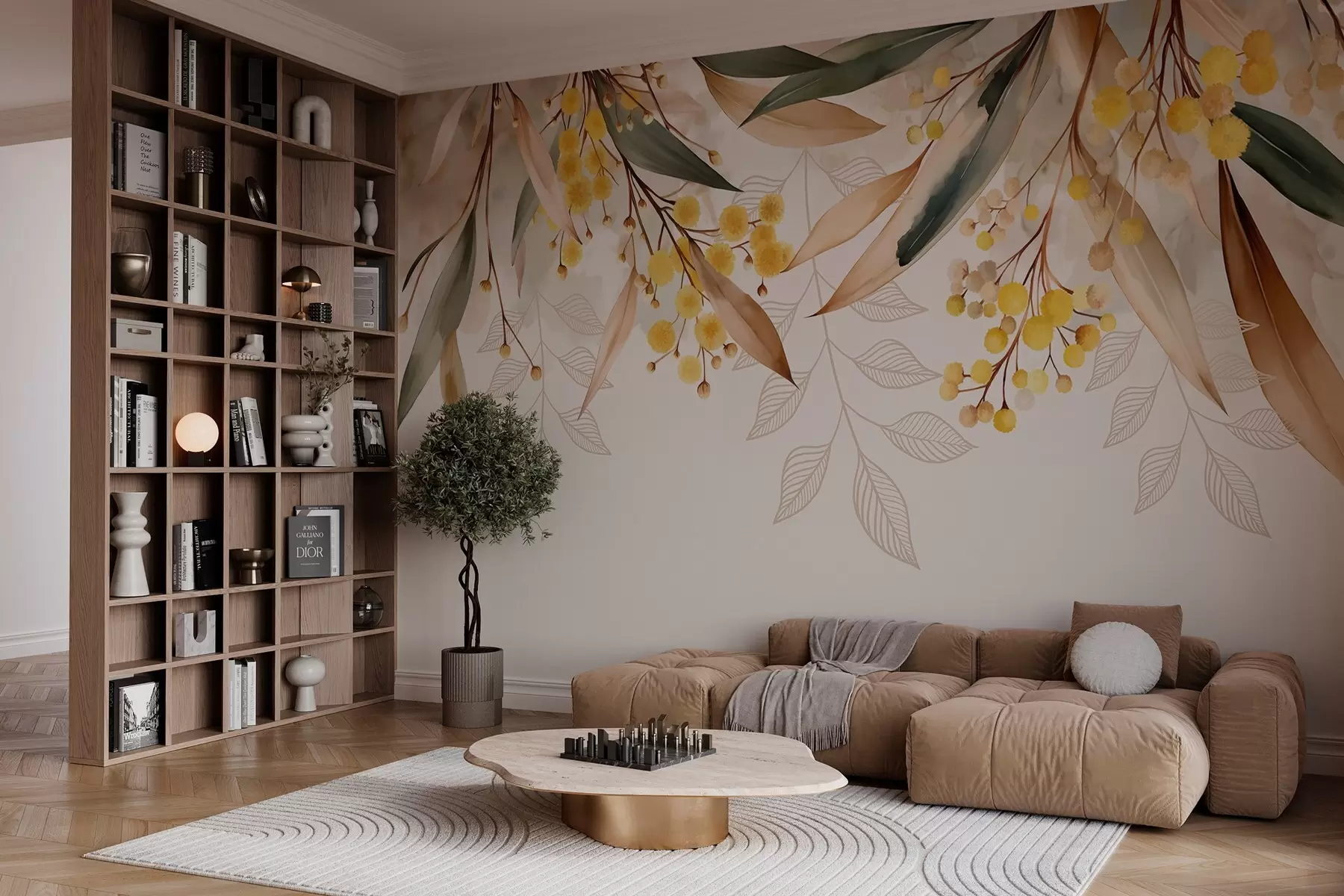 Papier peint photo fleurs et feuilles de mimosa tombant du ciel dans un style aquarelle w04880