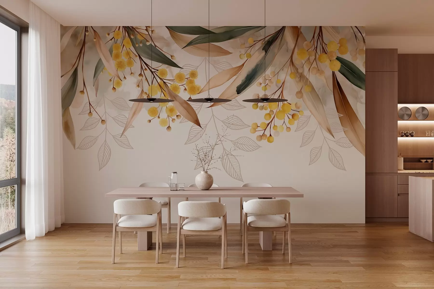 Fotobehang bloemen en bladeren van mimosa die van bovenaf vallen in aquarelstijl w04880