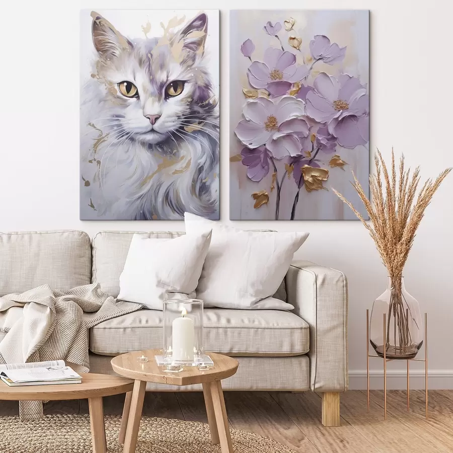  Peintures Fleurs abstraites et un chat m01056