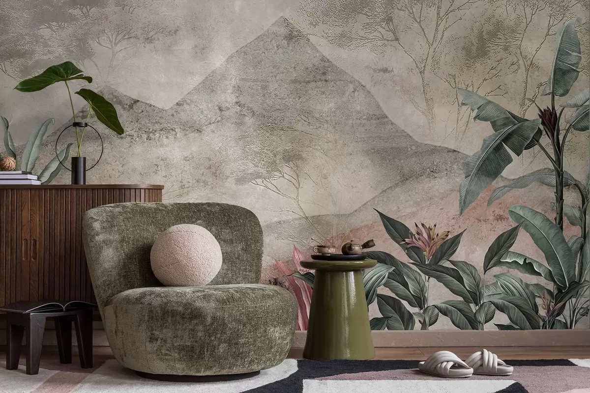 Papier peint photo Feuilles de bananier pastel et fleurs tropicales sur fond de montagnes w04933