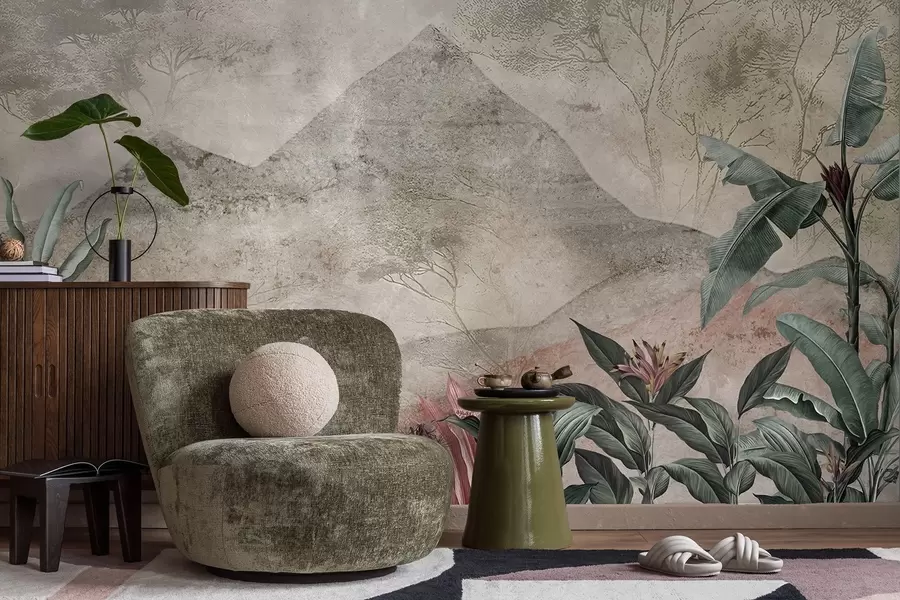 Papier peint photo Feuilles de bananier pastel et fleurs tropicales sur fond de montagnes w04933