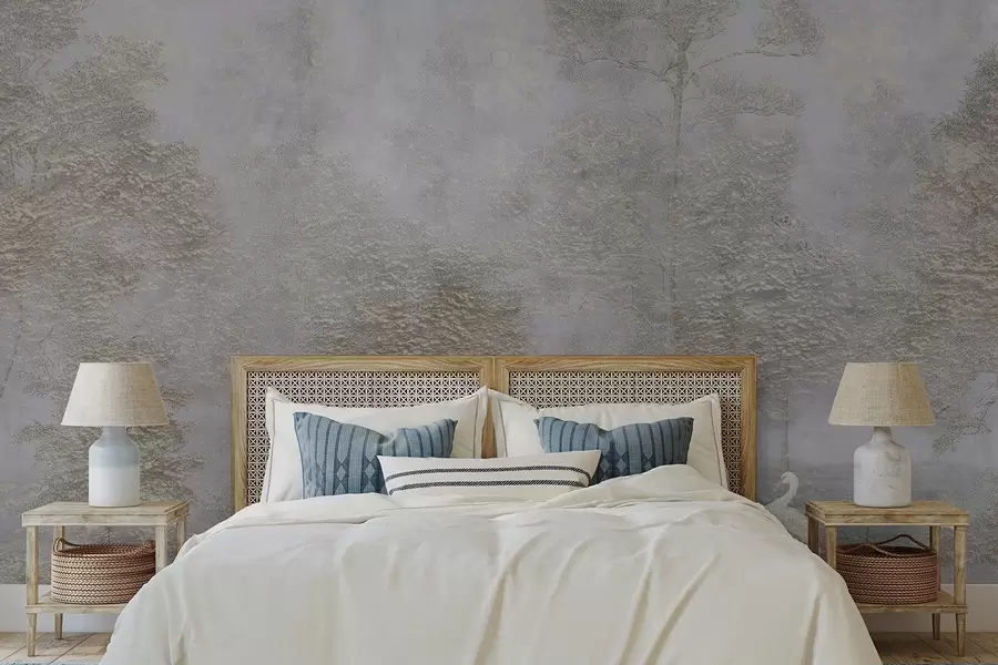 Papier peint photo Forêt brumeuse avec un héron blanc et une texture douce w04953